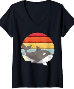 Womens Orca Killer Whale Retro Vintage Sunset Ocean Animal Lover V-Neck T-Shirt