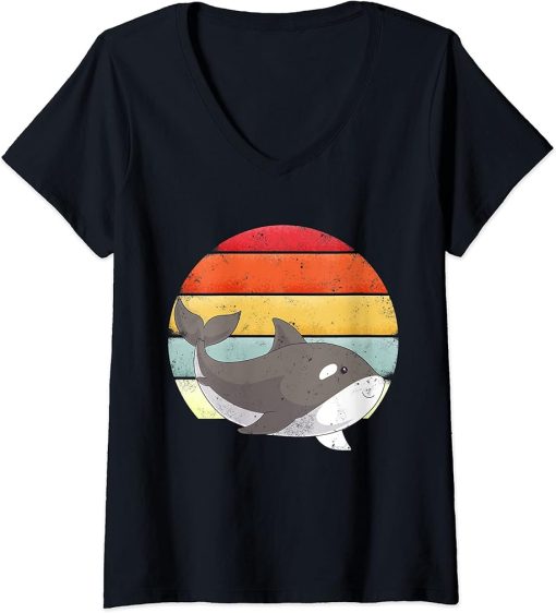 Womens Orca Killer Whale Retro Vintage Sunset Ocean Animal Lover V-Neck T-Shirt