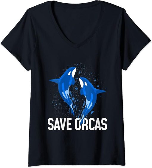 Womens Save orcas orca whale killer whale art design V-Neck T-Shirt