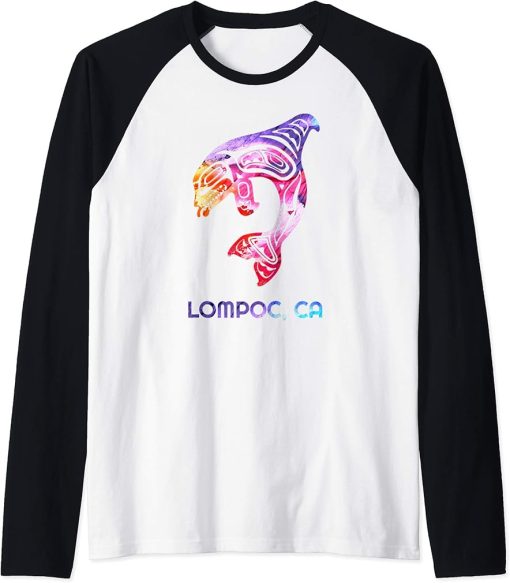 Lompoc California Orca Killer Whale Native American Raglan Baseball Tee